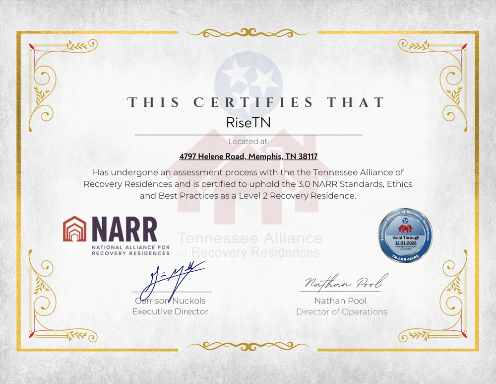 TN-ARR / NARR Certification Certificate โ 4797 Helene Rd, Memphis, TN, Rise Recovery Residences
